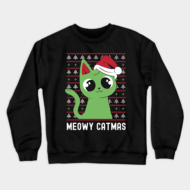 Meowy Catmas Cat Wearing Santa Hat Crewneck Sweatshirt by OnepixArt